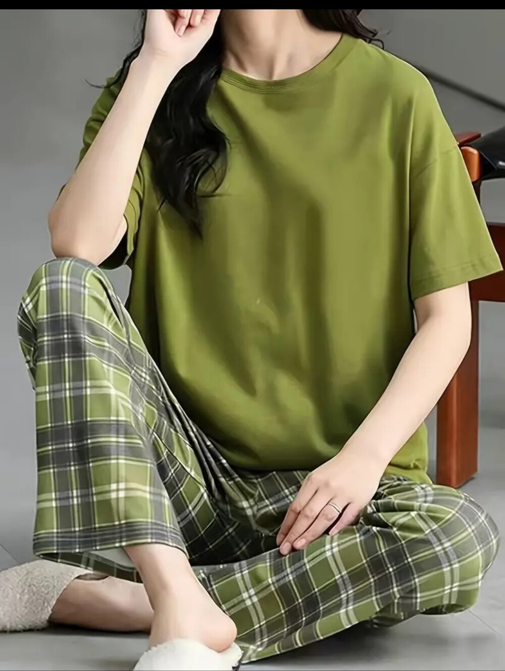Olive Green Plaid Women's Pajama Set Size L